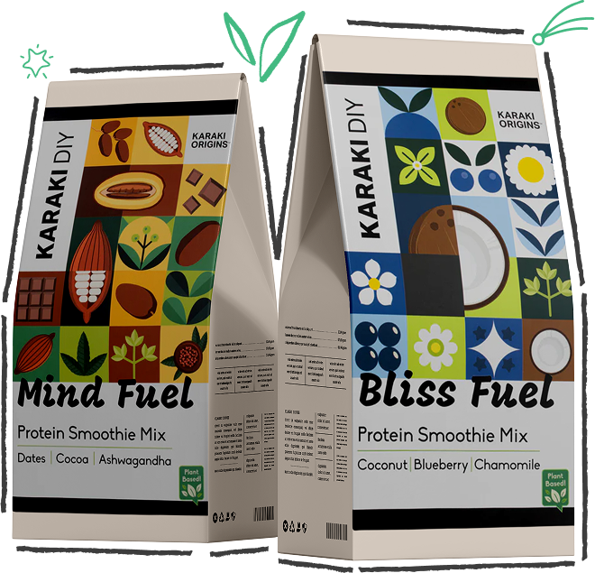 Karaki DIY protein smoothie mix with colorful labels.