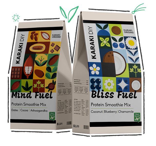 Karaki DIY protein smoothie mix with colorful labels.