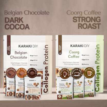 Collagen Protein: Belgian Chocolate (Dark Cocoa) + Coorg Coffee (Strong Roast) + 6 Sachets